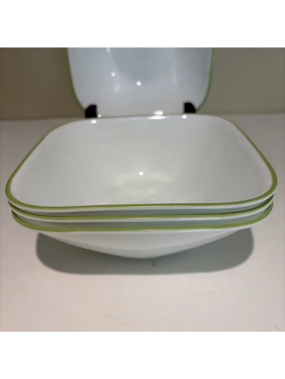 4 Corelle Corning Ware Buttercup Square 6 1/2 Inch Cereal Soup Bowls Green Trim